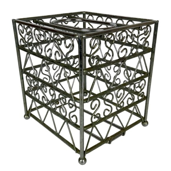 Vintage Metal Tissue Box Cover Square Silver Chrome Scroll Design Bathroom Decor - Picture 1 of 9